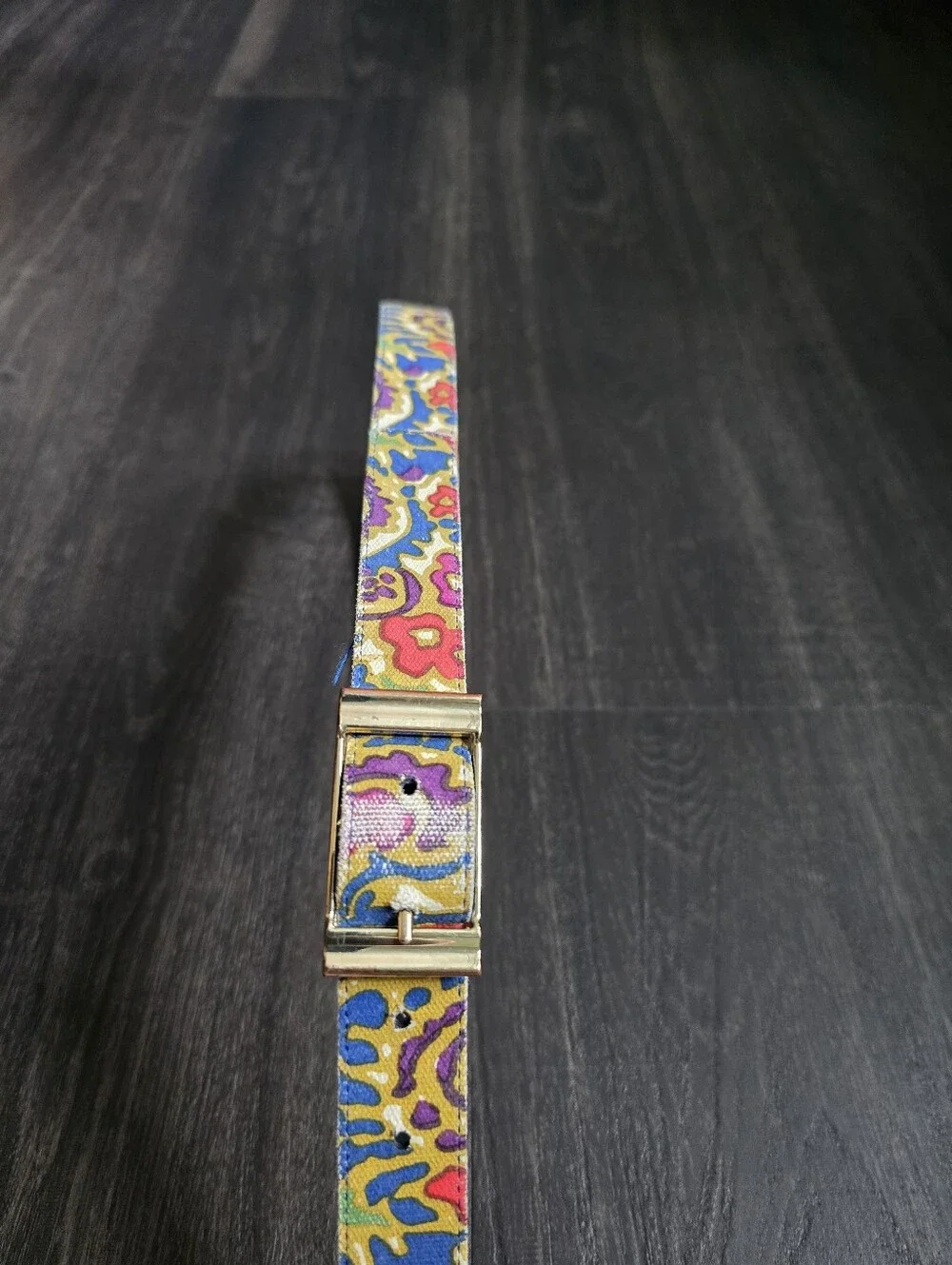 Reversible Belt Navy Leather Abstract Floral Print Gold Buckle Vintage 1